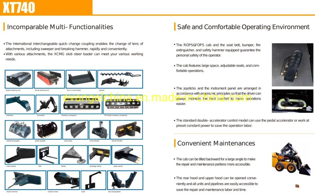 0.45cbm 750kgs Weichai Engine Skid Steer Loader Xt740