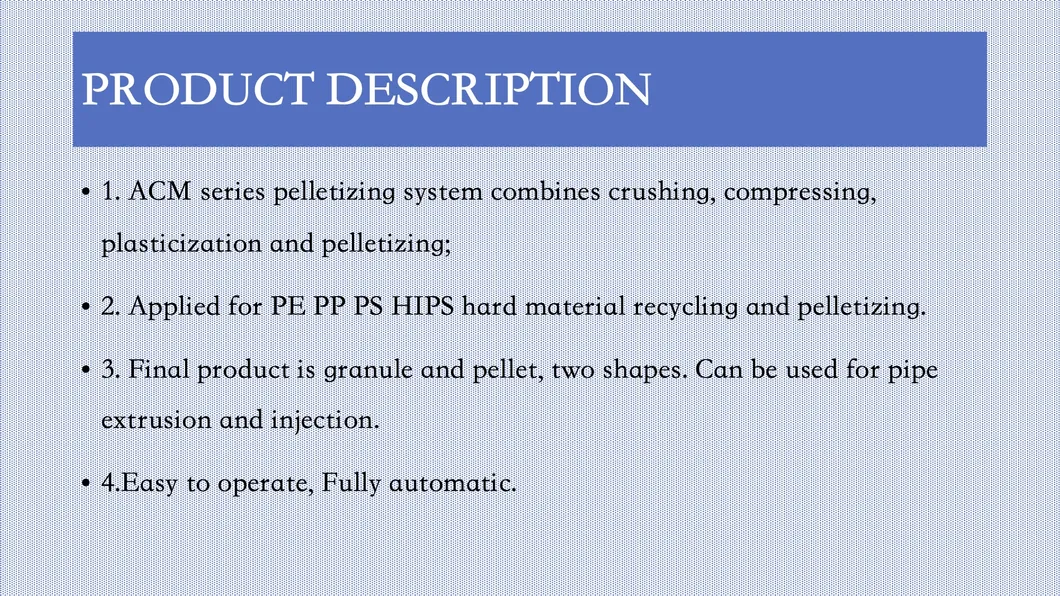 2021 Acm Fty Plastic Pelletizing Machine for PE/HDPE/LDPE/PP/PA/PVC/ABS/PS/PC/EPE/EPS Recycling and Pelletizing Granulating Crushing