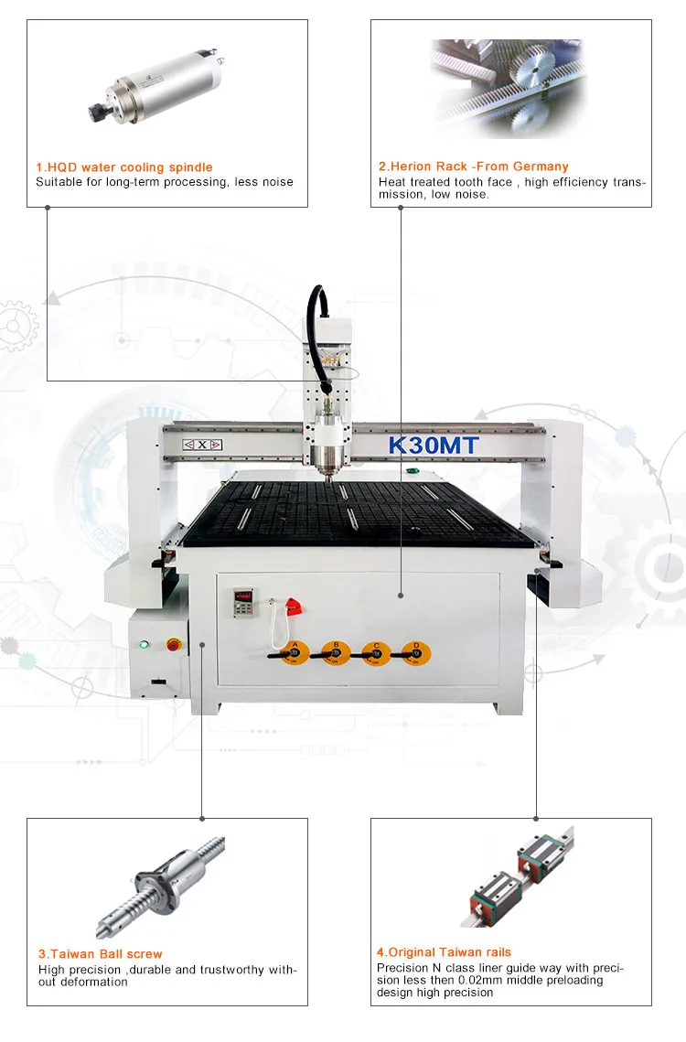 3kw Water Cooling Spindle Woodworking Engraving Machine Vacuum Suction Table CNC Machine Tool K30mt / 1218