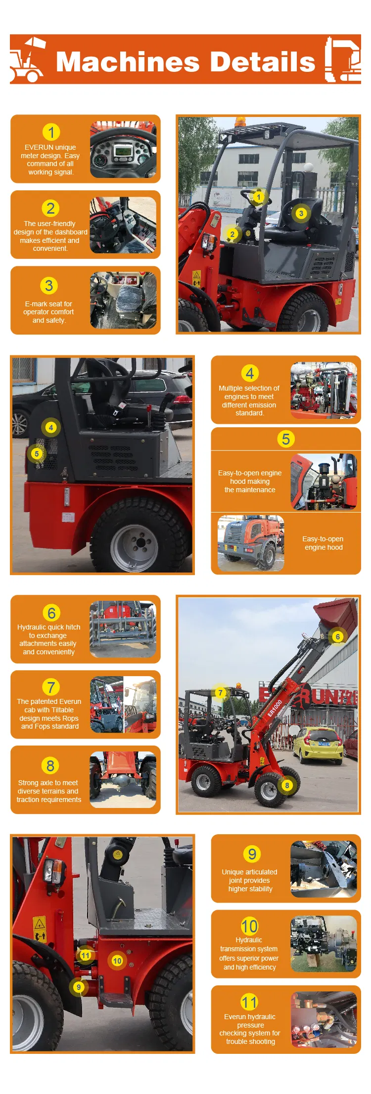 Everun Er1000 1ton Front Discharge European Grapple Forks Construction Machine Wheel Loader