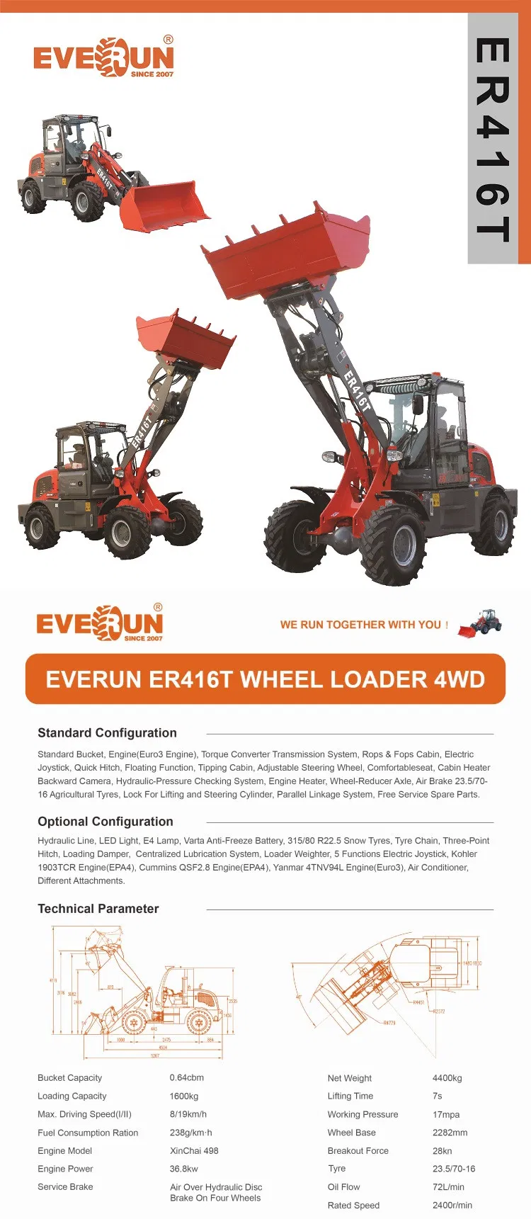 Everun Er416t 4WD 1600kg Compact Wheel Loader with New Cabin