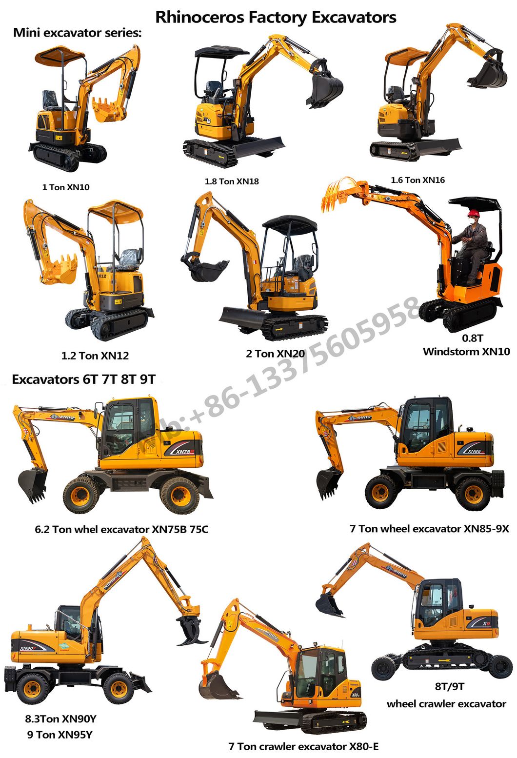 Rhinoceros 1 Ton Mini Excavator Specs 0.025cbm Bucket Small Digger Xn08 Xn10