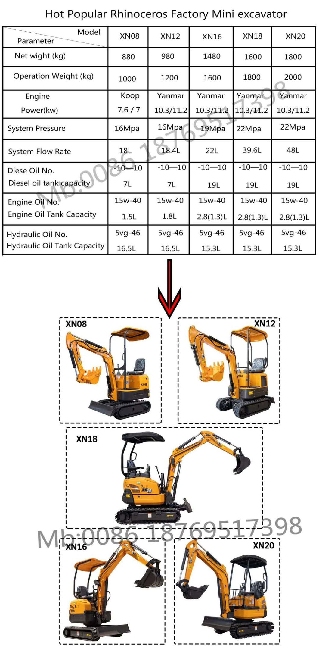 Rhinoceros 1 Ton Mini Excavator Specs 0.025cbm Bucket Small Digger Xn08 Xn10