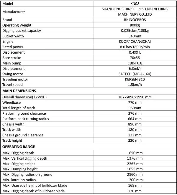 Rhinoceros Low Price China Manufacturer 800kg Mini Excavator for Farm, Chinese Engine, Big Power